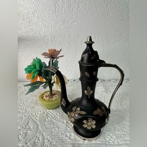 Vintage Black Brass Teapot with Sculptured Flower